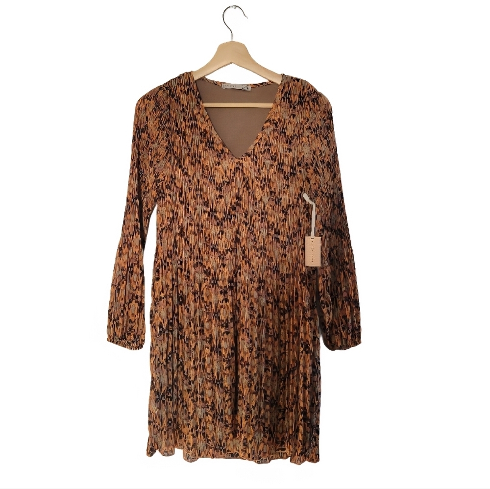 NWT Black Tape Bronze Glimmer Pleated Abstract Print Mini Dress - Wedding XS